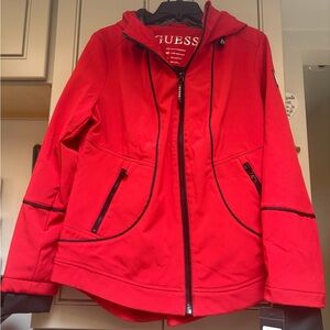 GUESS Red Women's Hooded Bomber Jacket with Contrast Trim